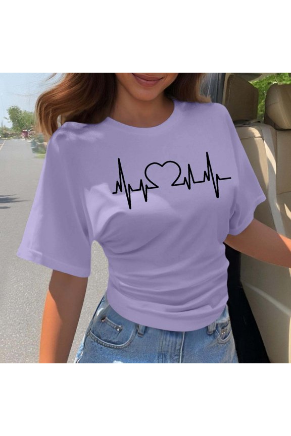 Tshirt Women Korean Style Short Sleeve T Shirt Loose Fit Crew Neck Basic Summer Top Boho Tops for Women Purple M