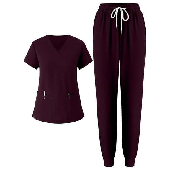 Tshirt Women Ladies' Two-piece Set Short Sleeved Solid Color Pocket Top Pants Work Clothes Two-Piece Set