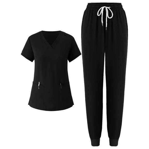 Tshirt Women Ladies' Two-piece Set Short Sleeved Solid Color Pocket Top Pants Work Clothes Two-Piece Set