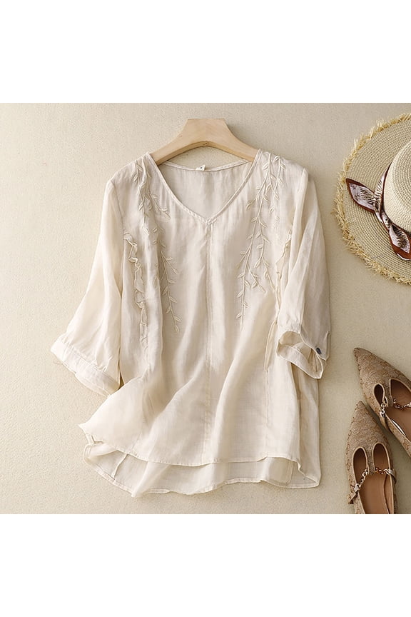 Tshirt Women Linen Round Boxy Top Patchwork Blouses Boho Tops for Women Beige L