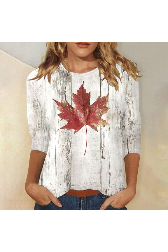 Tshirt Women Maple Leaf Print Round Neck 3/4 Sleeve Top Canada Day Womens Blouses White L