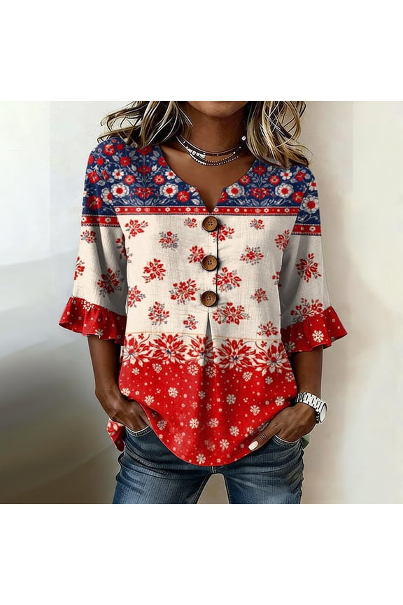 Womens Tshirt Patriotic Print Elbow-Length Sleeve V Neck Star Top Tees for Women Red L