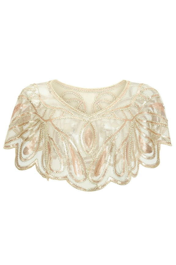 Women Tshirts Vintage Sheer Mesh Sequin Capelet Rose Gold Beaded Cover Up Womens Tees Beige One Size