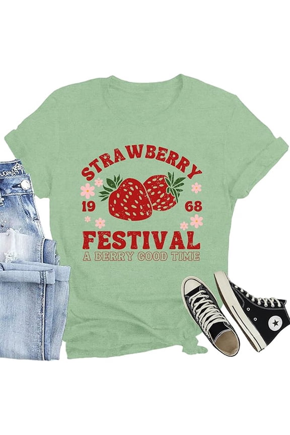 Tshirt Women Strawberry Print Round Neck Short Sleeve Top Fresh Fruity Women Blouse Light Green L
