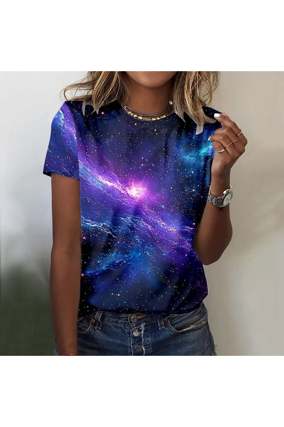 Tshirt Women Tie Dye Space Short Sleeve Crewneck Cosmic Top Women Blouses Blue L