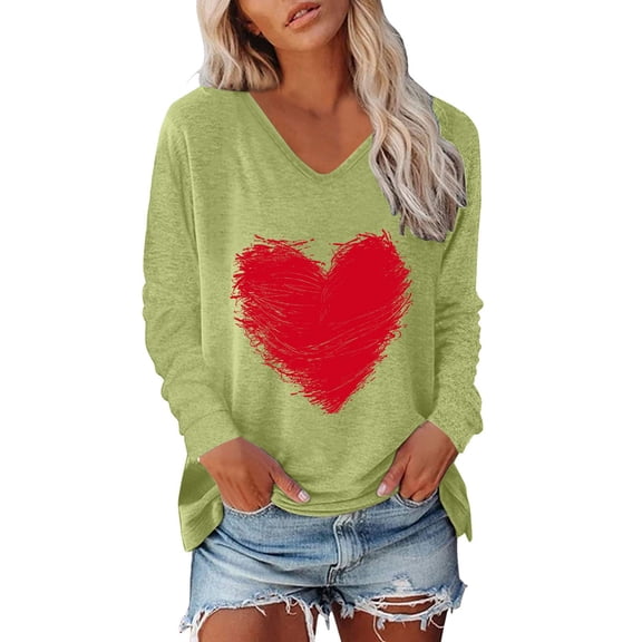 Tshirt Women Valentine's Day Heart Print V Neck Long Sleeve T Shirt for Women Elegant Lightweight Breathable Casual Top Green M