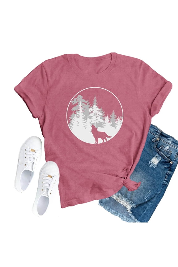 Tshirt Women Wolf Print Round Neck Short Sleeve Top Wild Howl Tees for Women Red L