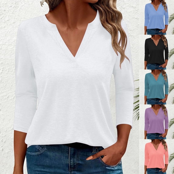 Tshirt Women Women Classic V Neck 3/4 Sleeve Soft Relaxed Basic Tee Black L