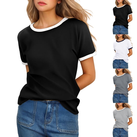 Tshirt Women Women Solid Crew Neck Short Sleeve Contrast T Shirt Black L