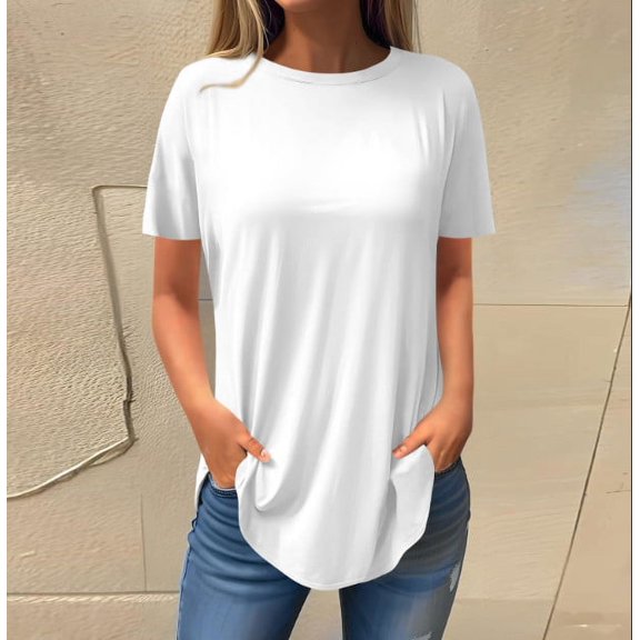 Tshirt Women Women's Fashion Casual Positive Shoulder Round Neck Solid Color Short Sleeve Pullover T-Shirt Top