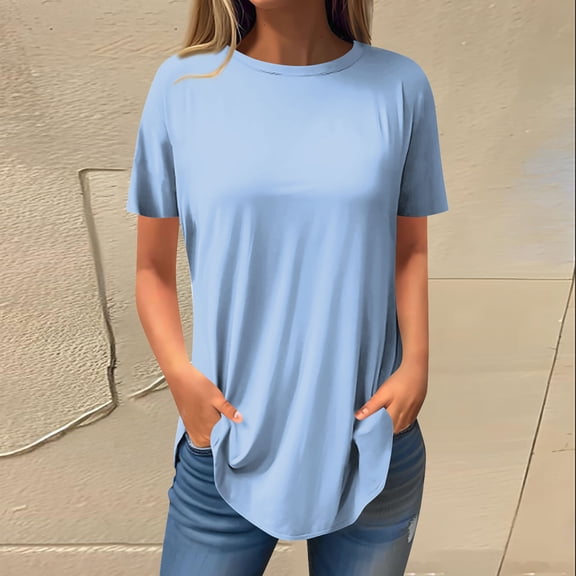 Tshirt Women Women's Fashion Casual Positive Shoulder Round Neck Solid Color Short Sleeve Pullover T-Shirt Top