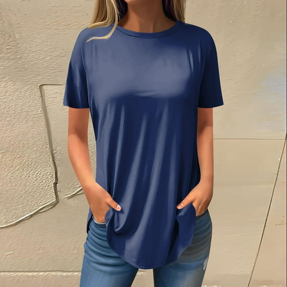 Tshirt Women Women's Fashion Casual Positive Shoulder Round Neck Solid Color Short Sleeve Pullover T-Shirt Top