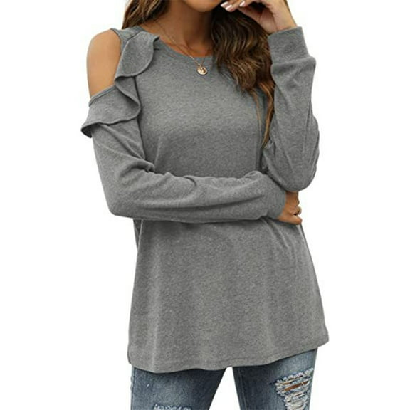 Tshirt Women Women's Fashion Knitwear Round Neck Off Shoulder Ruffle Edge Loose Casual Top