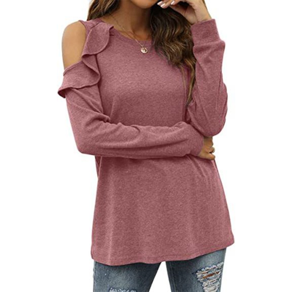 Tshirt Women Women's Fashion Knitwear Round Neck Off Shoulder Ruffle Edge Loose Casual Top