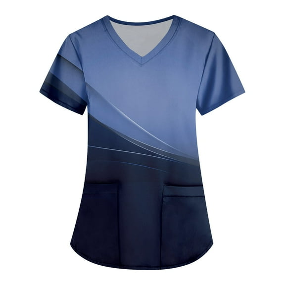Tshirt Women Women's Fashion Printed Short Sleeve V Neck Pattern Tops Pocket Working T-shirts