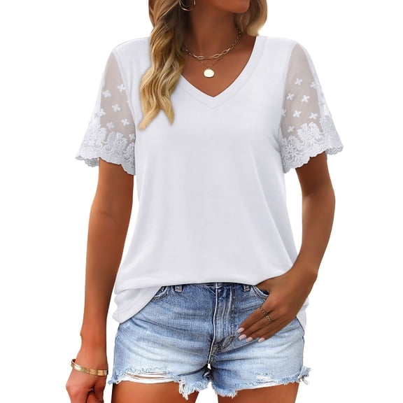 Tshirt Women Women's Fashion V-neck Lace Short Sleeve Printed Casual T-shirt Top T-shirts