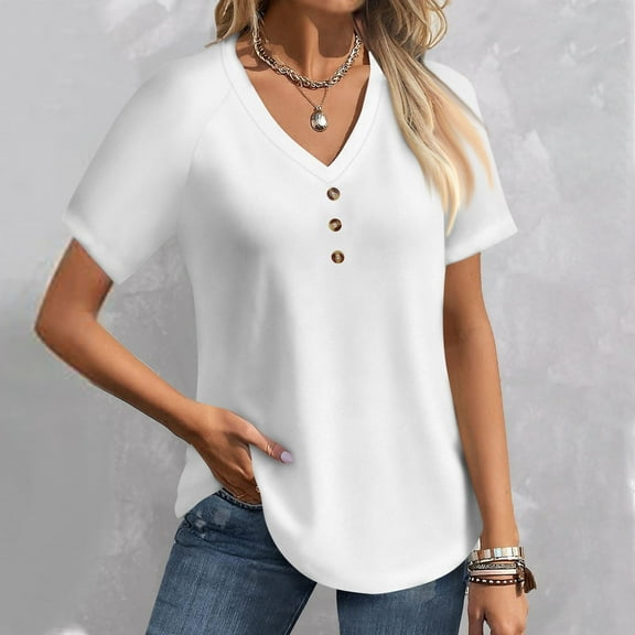 Tshirt Women Women's Fashionable Casual Short Sleeved Solid Color Button Up V-neck Top