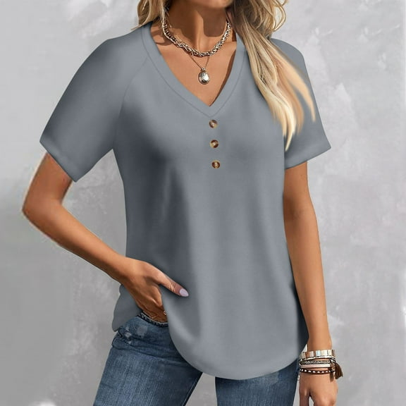 Tshirt Women Women's Fashionable Casual Short Sleeved Solid Color Button Up V-neck Top