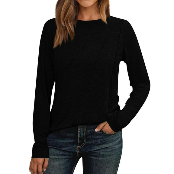 Tshirt Women Women's Long Sleeve Shirt Pleated Round Neck Casual Loose Fashion Tops