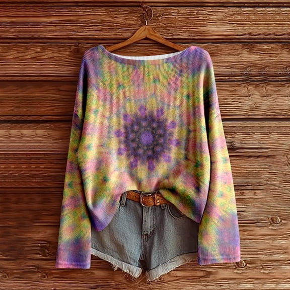 Tshirt Women Women's Loose Fit Long Sleeve Printed Soft Brushed Retro Style Top for Daily Yellow L