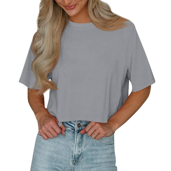 Tshirt Women Women's New Summer Short Sleeve Round Neck Solid Color Loose Crop Sexy Pullover T-shirt