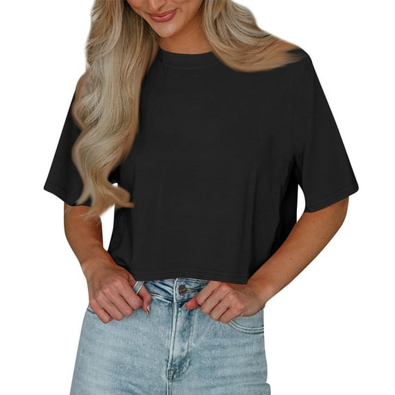 Tshirt Women Women's New Summer Short Sleeve Round Neck Solid Color Loose Crop Sexy Pullover T-shirt