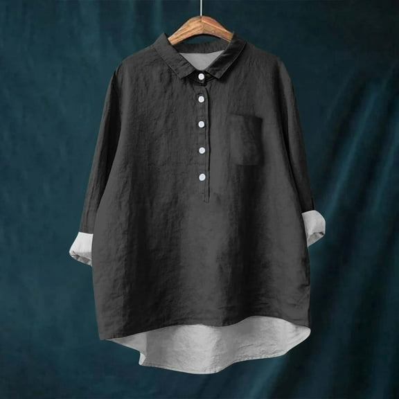 Tshirt Women Women's Shirt Blouse Long-sleeved With Buttons Solid Color Casual Hem Irregular Shirt Collar Top