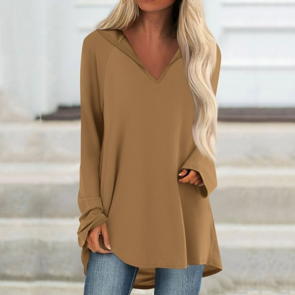 Tshirt Women Women's V-neck Hooded Loose Long-sleeved Tops Casual Tops Home Leisure Pajamas Tops