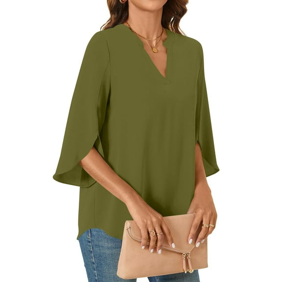 Tshirt Women Womens Tops 3/4 Tiered Bell Sleeve V Neck Blouses Work Tunic Shirts