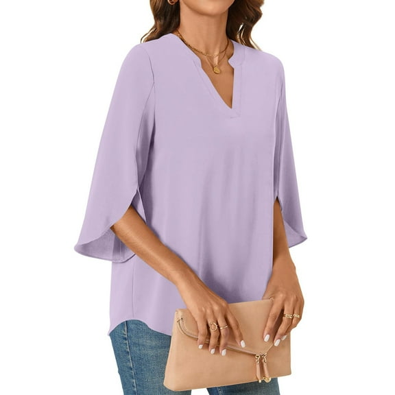 Tshirt Women Womens Tops 3/4 Tiered Bell Sleeve V Neck Blouses Work Tunic Shirts