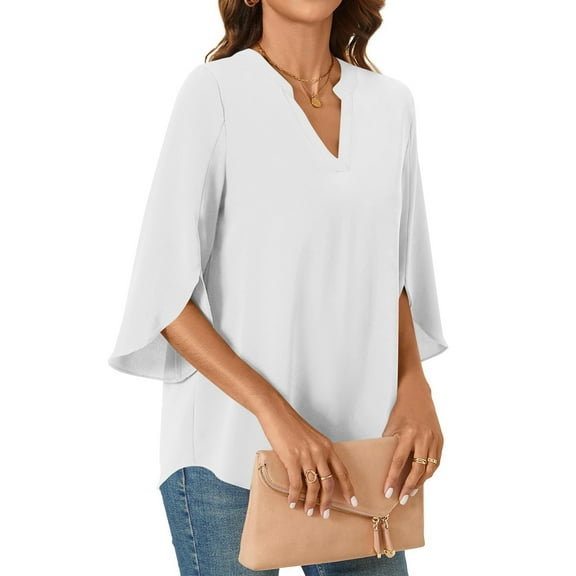 Tshirt Women Womens Tops 3/4 Tiered Bell Sleeve V Neck Blouses Work Tunic Shirts