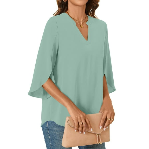 Tshirt Women Womens Tops 3/4 Tiered Bell Sleeve V Neck Blouses Work Tunic Shirts