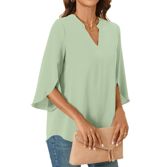 Tshirt Women Womens Tops 3/4 Tiered Bell Sleeve V Neck Blouses Work Tunic Shirts