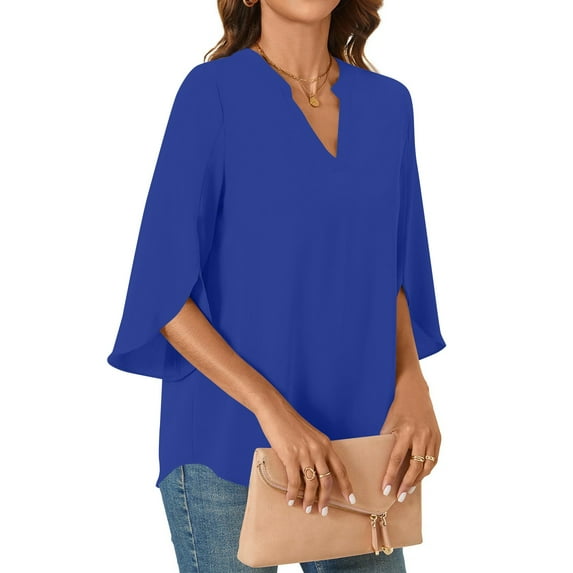 Tshirt Women Womens Tops 3/4 Tiered Bell Sleeve V Neck Blouses Work Tunic Shirts