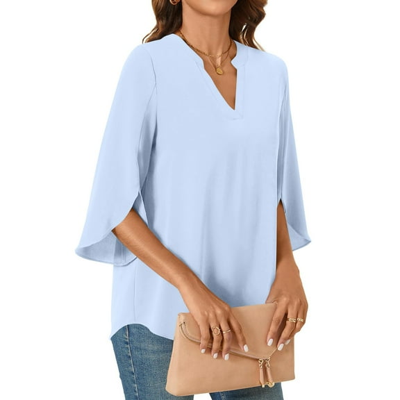 Tshirt Women Womens Tops 3/4 Tiered Bell Sleeve V Neck Blouses Work Tunic Shirts