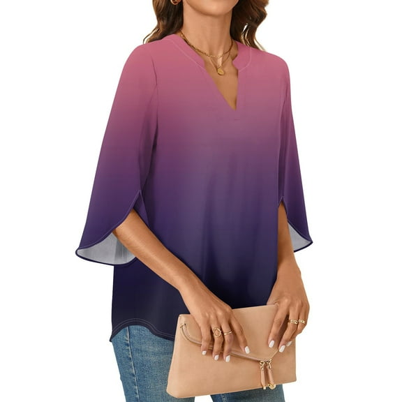Tshirt Women Womens Tops 3/4 Tiered Bell Sleeve V Neck Gradient Printed Blouses Work Tunic Shirts