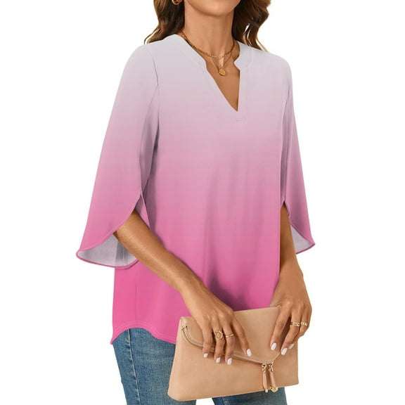 Tshirt Women Womens Tops 3/4 Tiered Bell Sleeve V Neck Gradient Printed Blouses Work Tunic Shirts