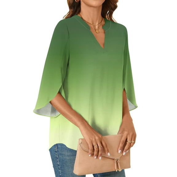 Tshirt Women Womens Tops 3/4 Tiered Bell Sleeve V Neck Gradient Printed Blouses Work Tunic Shirts