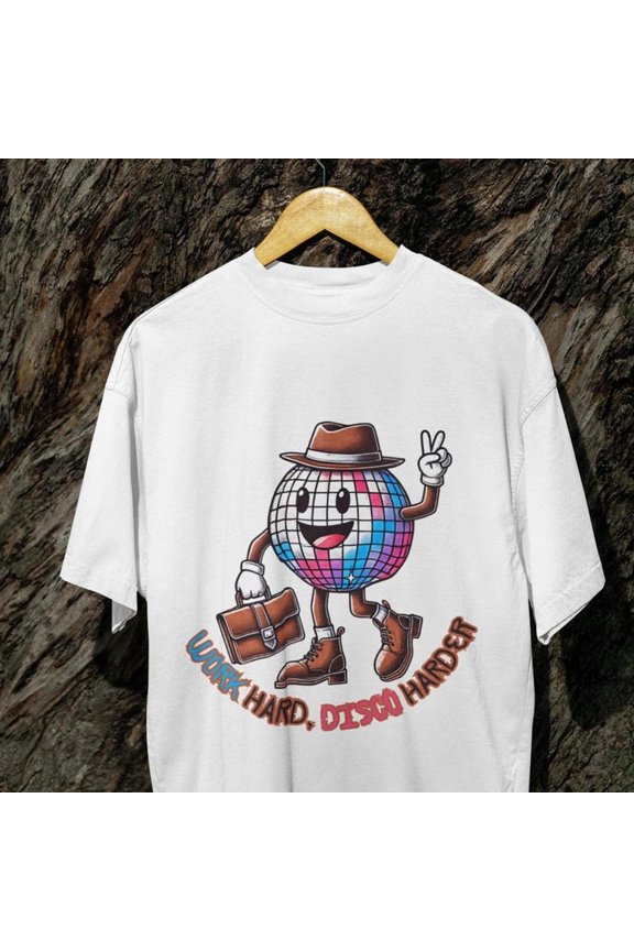 [Tshirt]Work Hard Disco Harder T-Shirt-Funny Retro Disco Ball Business Tee-Groovy Work-Life Balance 70s Party Shirt-Unisex Office & Dance Lover Gift