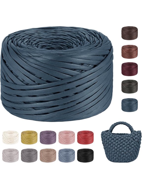 Tshirt Yarn for Crochet 200g/98yds Single-Side Faux Leather Looking Fabric, Soft Polyester Cloth Ribbon T Shirt Crocheting Baskets Bags Rugs Home Decor DIY Crafts (Denim Blue) Denim Blue 200g