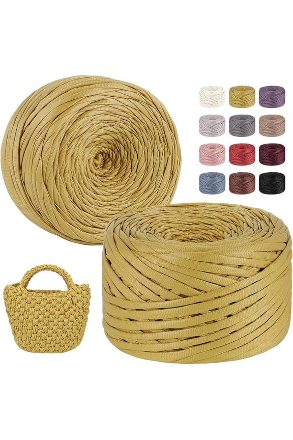 Tshirt Yarn for Crochet 2x200g/2x98yds Single-Side Faux Leather Looking Fabric, Soft Polyester Cloth Ribbon T Shirt Crocheting Baskets Bags Rugs Home Decor DIY Crafts (Earth Yellow) Earth Yellow