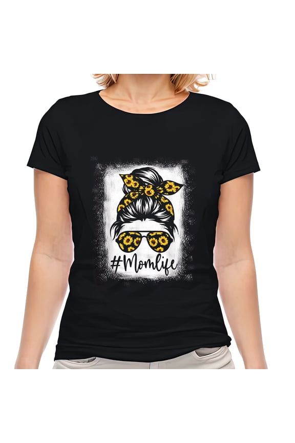 Tshirt for Women Bleached Sunflower Mom Life Tees for Mother's Day Casual Short Sleeve Tops Black 3X-Large