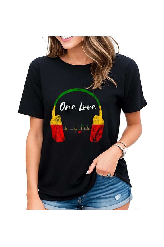 Tshirt for Women Caribbean Reggae Music Headphones Jamaican Pride One Love Casual Short-sleeved Tops Black 3X-Large