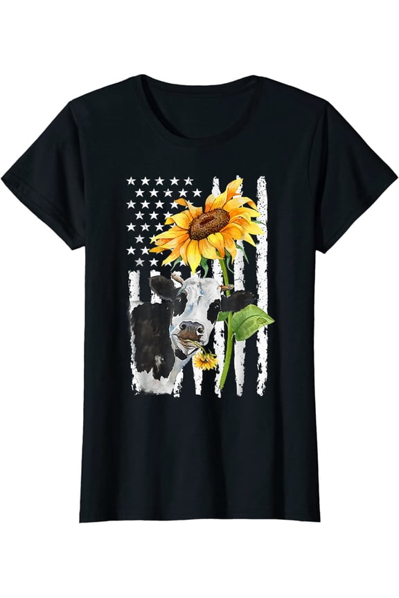 Tshirt for Women Cow USA Flag Sunflower Gift Casual Short Sleeve Tops Black 3X-Large
