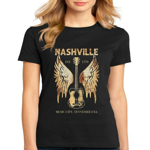 Tshirt for Women Guitar Tee Country Nashville Retro Graphic Casual Short Sleeve Tops Black 2X-Large