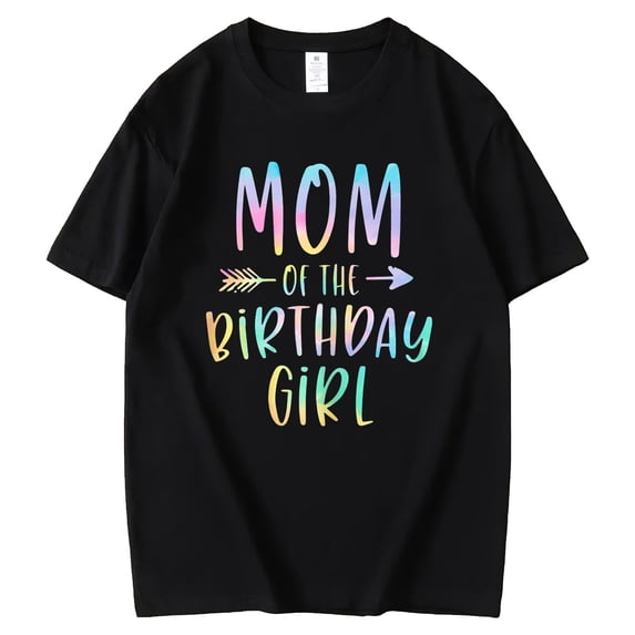 Tshirt for Women Mom of the Birthday Girl Tie Dye Colorful Letter Casual Short Sleeve Tops Black 3X-Large