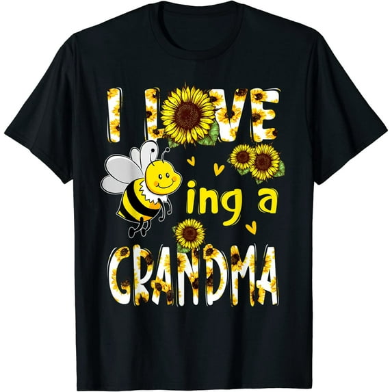 Tshirt for Women Mother's Day Gift I Love Being A Grandma Sunflower Bee Casual Short Sleeve Tops Black 2X-Large