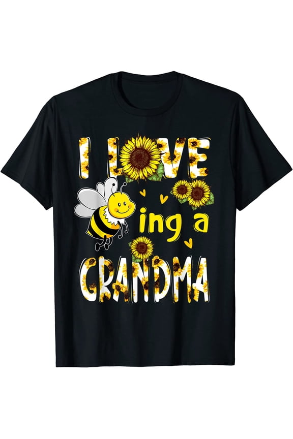 Tshirt for Women Mother's Day Gift I Love Being A Grandma Sunflower Bee Casual Short Sleeve Tops Black 2X-Large