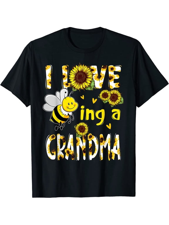 Tshirt for Women Mother's Day Gift I Love Being A Grandma Sunflower Bee Casual Short Sleeve Tops Black 3X-Large