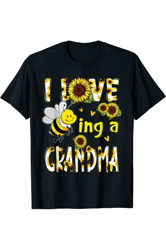 Tshirt for Women Mother's Day Gift I Love Being A Grandma Sunflower Bee Casual Short Sleeve Tops Black Small